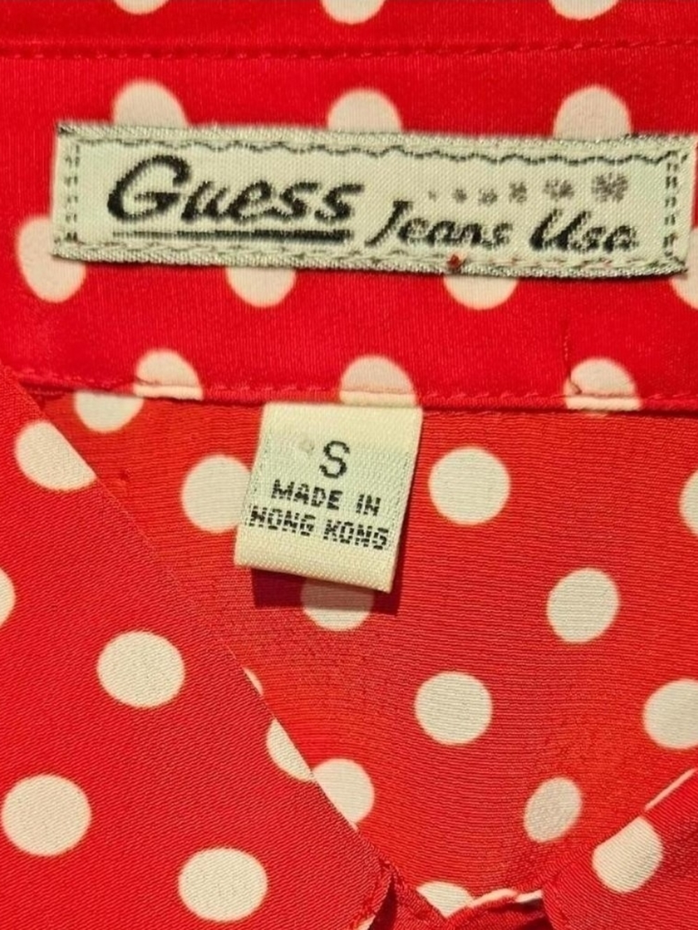 Guess Jeans Womens Red White Polka Dot Collared Button-Up Long Sleeve Top-S - Picture 5 of 5